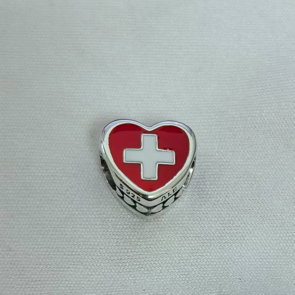 Pandora Switzerland Flag Heart Charm Heart Bead Charm, S925 Silver Jewelry